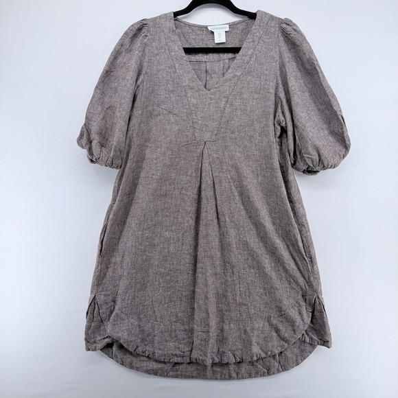 Cynthia Rowley Dresses & Skirts - Cynthia Rowley Womens Brown Linen Blend Puff Sleeve V-Neck Shift Dress Size 8